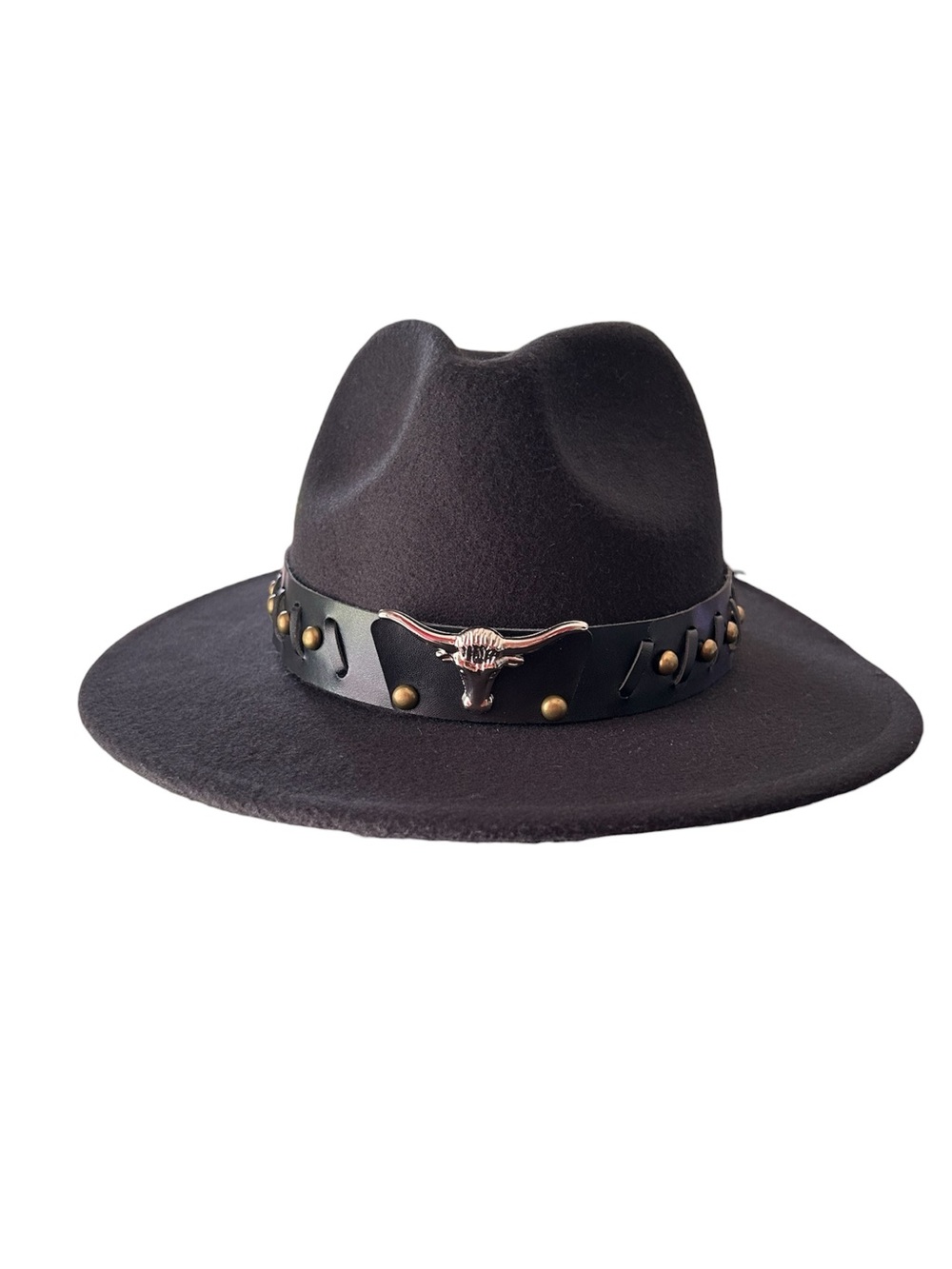 Black Wide-Brim Wool Fedora with Studded Leather Band